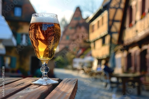 A glass of beer is sitting on a wooden table in front of a building. The scene is set in a city with a mix of old and new buildings. The atmosphere is relaxed and inviting. Oktoberfest Concept photo