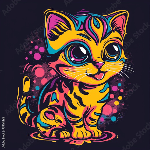 t-shirt art ready to print colourful graffiti illustration of a cute kawaii bengal cat сreated with Generative Ai