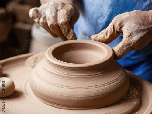 Hands Shaping Clay on Pottery Wheel, Forming Artisan Ceramics, A tactile journey into the world of pottery-making, where skilled hands mold and sculpt clay on a spinning wheel, giving rise to unique 