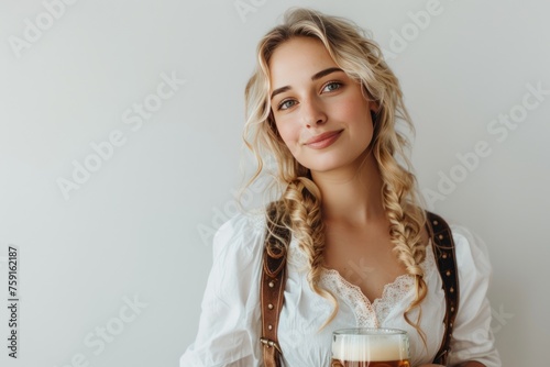 A blonde woman with long hair is holding a glass of beer. She is smiling and she is enjoying herself. Oktoberfest Concept