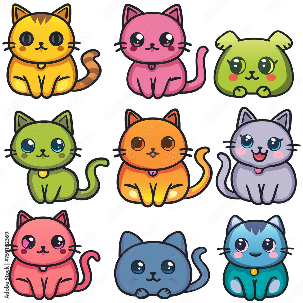 A set of cute cartoon cats, each designed with a kawaii flair, featuring different breeds and vibrant colors сreated with Generative Ai A set of cute cartoon cats, each designed with a kawaii flair, featuring different breeds and vibrant colors сreated with Generative Ai