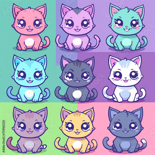 A set of cute cartoon cats, each designed with a kawaii flair, featuring different breeds and vibrant colors сreated with Generative Ai