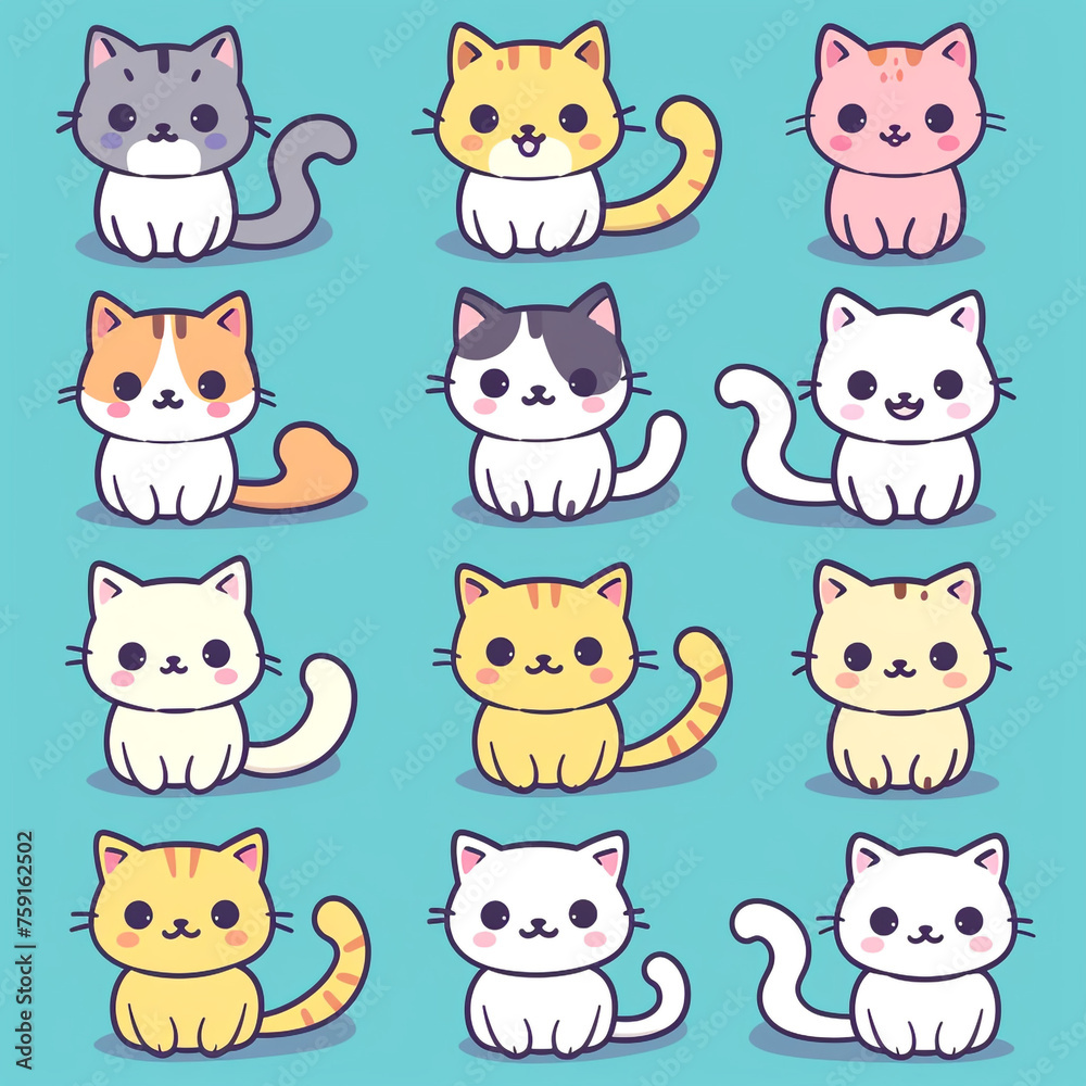 A set of cute cartoon cats, each designed with a kawaii flair, featuring different breeds and vibrant colors сreated with Generative Ai A set of cute cartoon cats, each designed with a kawaii flair, featuring different breeds and vibrant colors сreated with Generative Ai