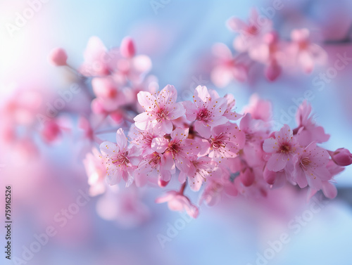 Delicate flowers in spring. Sakura in soft vanilla light.
