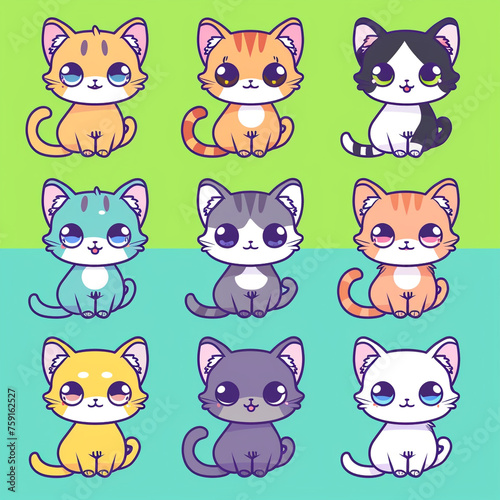 A set of cute cartoon cats, each designed with a kawaii flair, featuring different breeds and vibrant colors сreated with Generative Ai