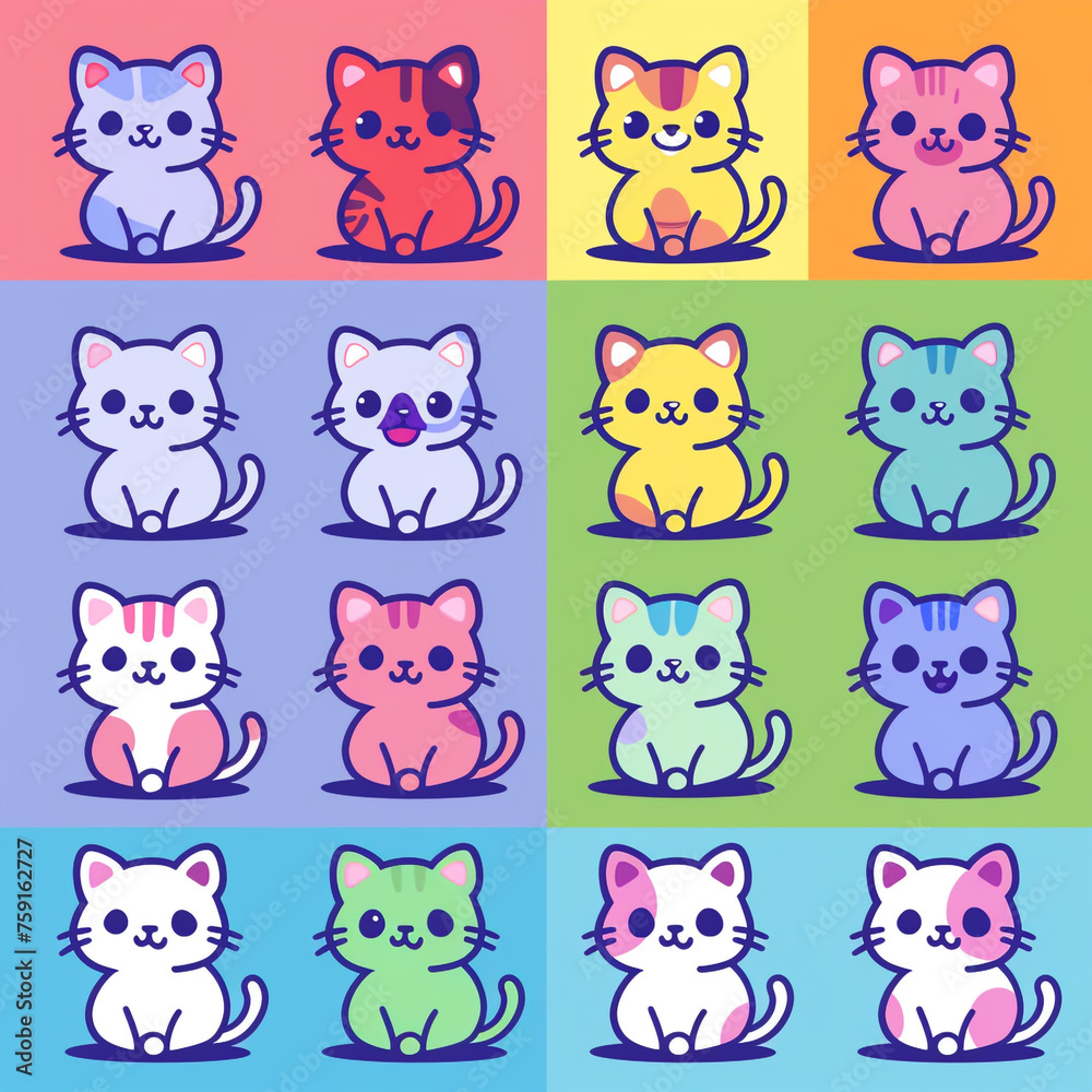 A set of cute cartoon cats, each designed with a kawaii flair, featuring different breeds and vibrant colors сreated with Generative Ai