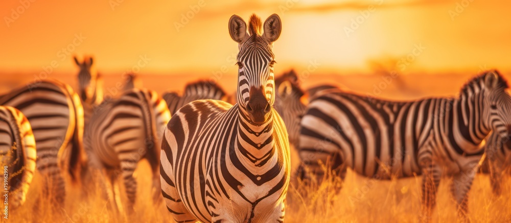 Fototapeta premium Zebra herd on safari in the grassland at sunset