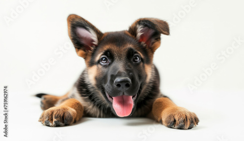 German Shepherd Puppy Lying Down with the Tongue Out  White Background  Dogs Care Products Advertising Concept