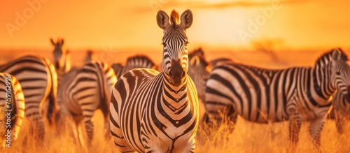 Zebra herd on safari in the grassland at sunset