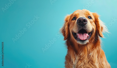 Cute Golden Retriever with Tongue Out, Closeup, Blue Background, Dogs Products Advertising Concept