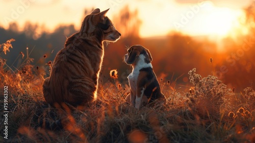 A cat and a beagle dog sitting atop a hill, their silhouettes against the glow of the setting sun photo
