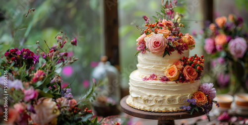 Wedding Cake Adorned With Flowers