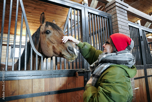 Woman and horse at stable photo
