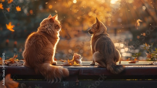 A cat and a dog sitting together on a park bench, gazing at passing birds on a warm afternoon