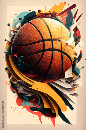 Dynamic graphic of a basketball with colorful abstract art elements representing energy and movement © fabioderby