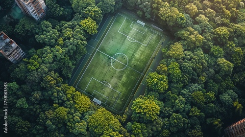 Aerial View of Soccer Field Surrounded by Trees