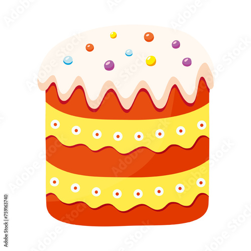 Easter cake with sugar icing and colorful sprinkles. Traditional Easter sweet bread. Festive dessert. Religious Christian symbol. Flat design. Vector illustration.