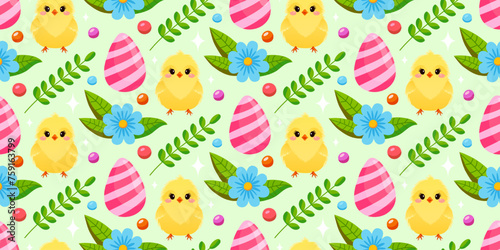 Cute floral Easter pattern with yellow chickens and colored eggs. The cheerful Easter design for background, digital paper, wallpaper, fabric. Seamless pattern. Vector illustration.