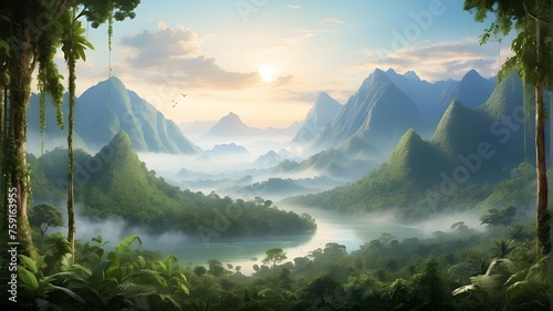 "Harmonious Wilderness: Serene Image of Jungle and Mountains, Setting the Scene for Musical Inspiration"