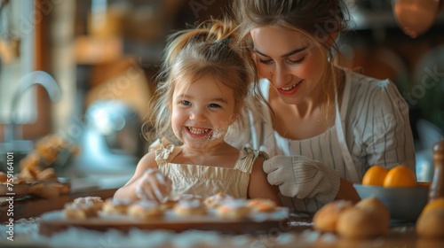 A cozy kitchen scene where a young girl giggles while showing her mother a cookie she's shaped like a heart, their bond evident in their shared activity © Olexiy Vasilyuk