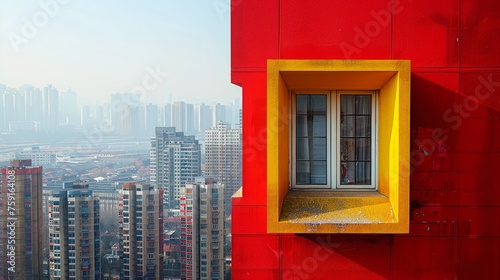 Red Building With Yellow Window and City Background