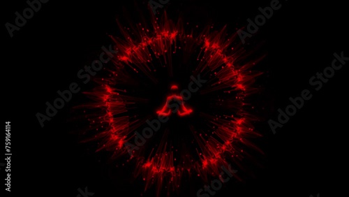 Spiritual journey of meditating man in lotus yoga position sitting in the centre of a circle of moving particles. Abstract animation for yoga concept photo