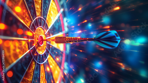 A close-up of a dart achieving a bullseye on a dartboard, depicted in vibrant motion with a digital effect