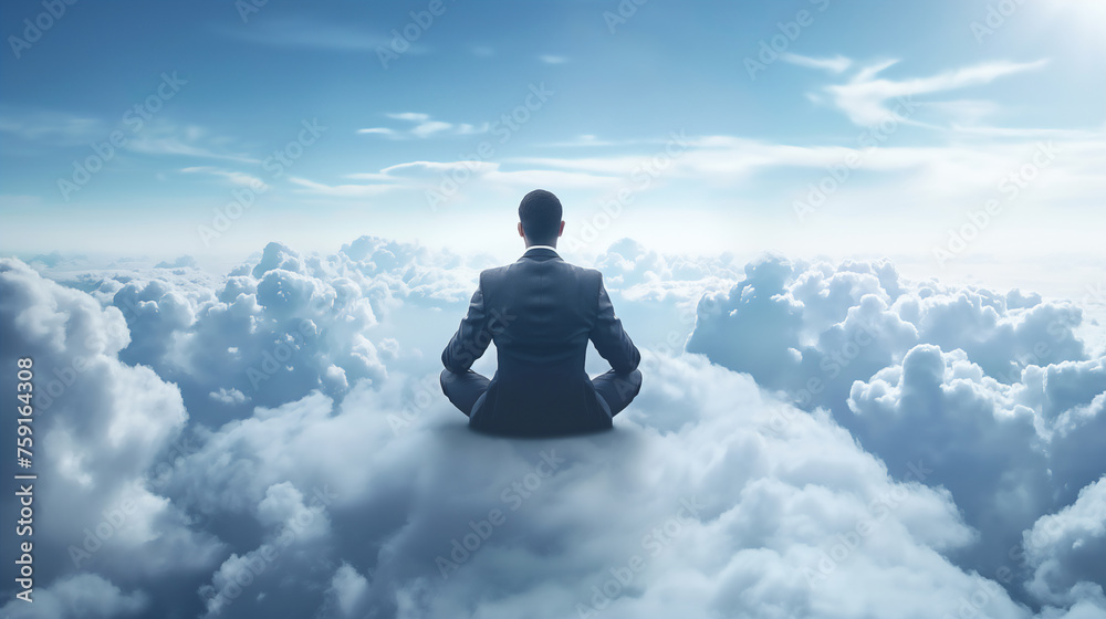 A serene scene featuring a businessman in a suit meditating atop a cloud-covered landscape, symbolizing peace and clarity A serene scene featuring a businessman in a suit meditating atop a cloud-covered landscape, symbolizing peace and clarity