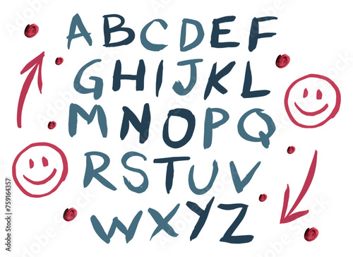 Handwritten alphabet with marker pen brush. 26 letters a to z. Writing with thick thickness, stripped and relaxed. Hand drawn, graphic resource, layout, design. Complete font, abc type with emojis.