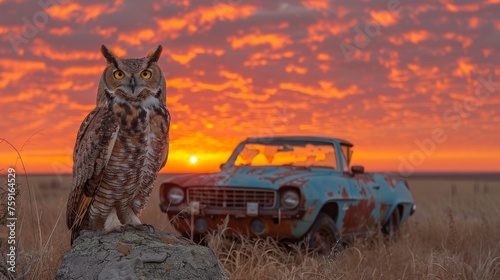 An owl sat near a beat-up blue car at sunset.