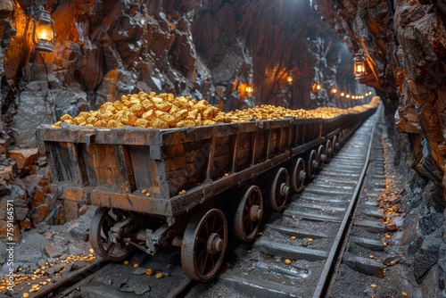 inside a gold mine, old mine shaft, bendy mine cart tracks, mine cart full of gold nuggets, Railway in the cave photo