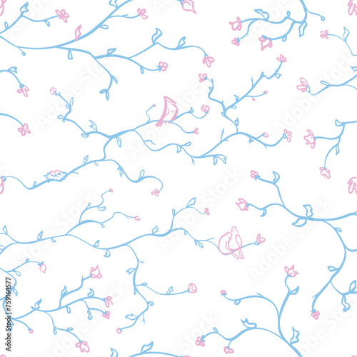Vector Branches and Birds in Pastel Blue and Pink on White Seamless Pattern
