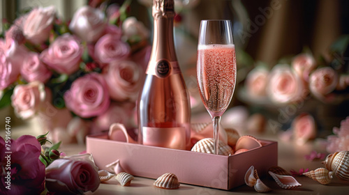 christmas, wedding still life with pink champagne and flowers
