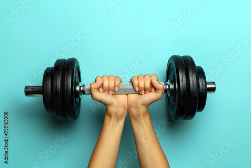Female hands gripping a barbell plate, lifting the weight to exercise strength and muscles.
