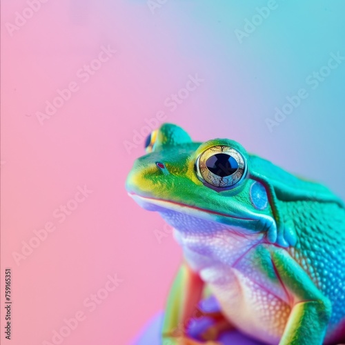 portrait of Green exotic frog on pastel blue and pink gradient background with copy space.