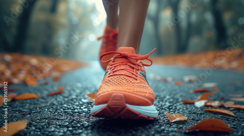 Walking woman tying shoe laces getting ready to walk or run lacing red running shoes banner. Panoramic crop of active person going outside.