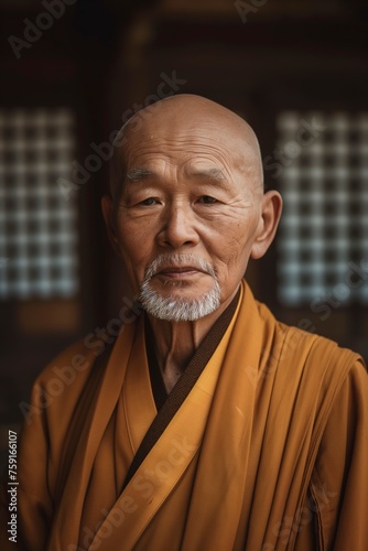 An elderly Chinese monk in traditional yellow robes and a white beard.