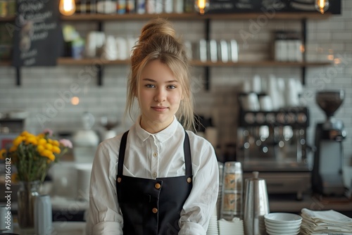 A scandinavian woman named Kjerstin Susanna is busy working behind the counter in a restaurant. photo