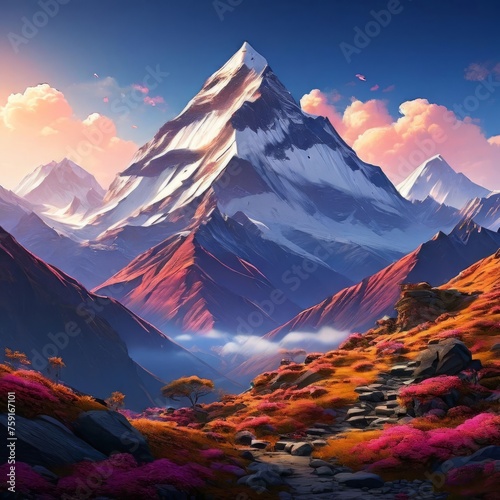 Scenic Nepal mountain road winding through majestic peaks in background. Various contexts such as art galleries, nature themed publications, educational materials on geography, inspirational posters.