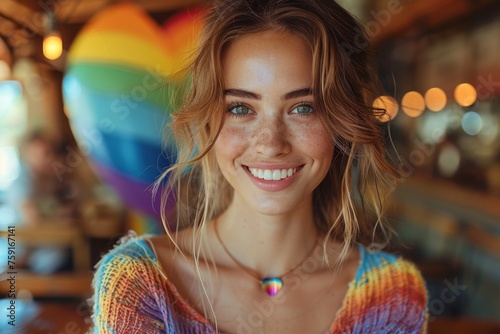 smiling bautiful model woman, perfect skin, holding baloon heart shape wirh lgtb flag colors on it, studio shot background  photo