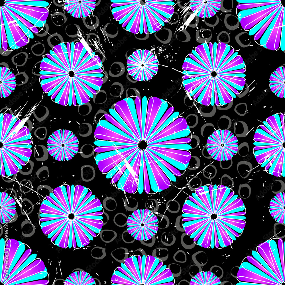pattern with bright pink and blue flowers, gray circles and white grunge
