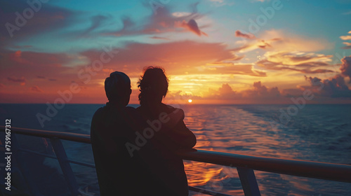 Romantic hugging couple on sunset travel cruise ship