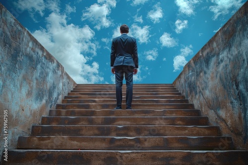 Success and achievement in business concept with man in suit standing on top of large stairs, rear view, against blue shinny sky 