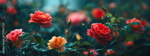 Roses in flower bed in summer garden in rain