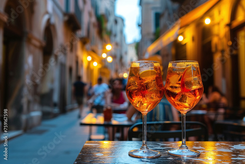 Two glasses of Aperol Spritz cocktails on the table in Italian restaurant, street view 