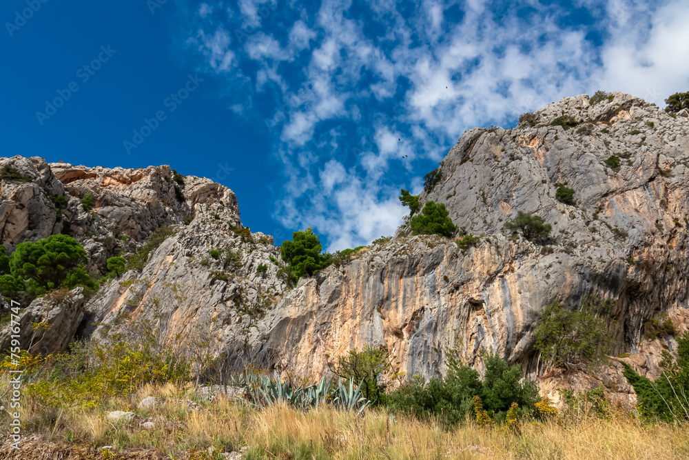 Fototapeta premium Idyllic hiking trail along coastline of Makarska Riviera in coastal village Kotisina, Split-Dalmatia, Croatia, Europe. Massive rock formation cliffs in Biokovo nature park. Mountains of Dinaric Alps