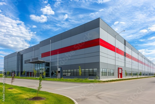 Wallpaper Mural  industrial building exterior, grey and red color scheme, vibrant greenery, vast parking area, logistics operations Torontodigital.ca