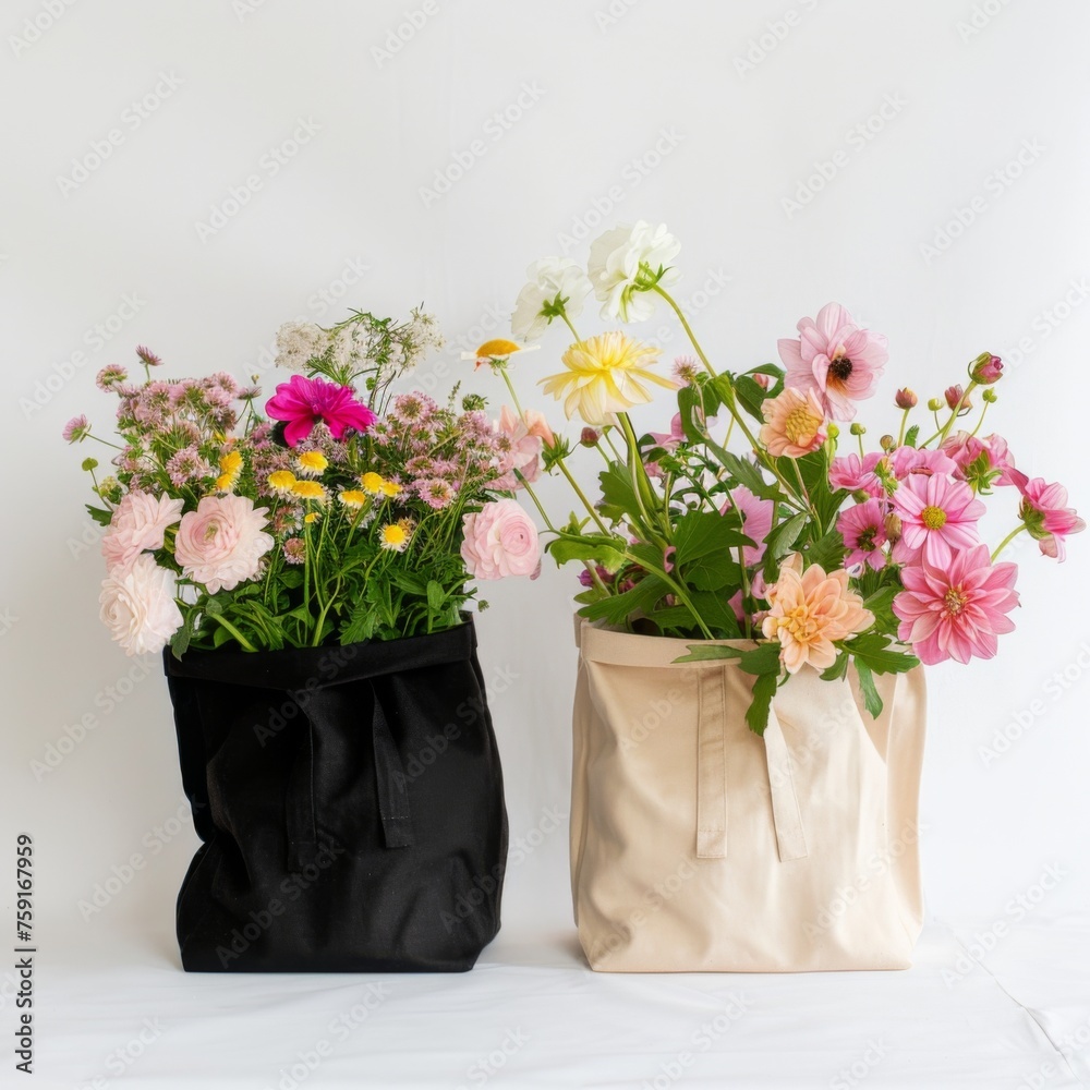 There is a black canvas bag and a light brown canvas bag on a white background, both filled with pink and yellow flowers 