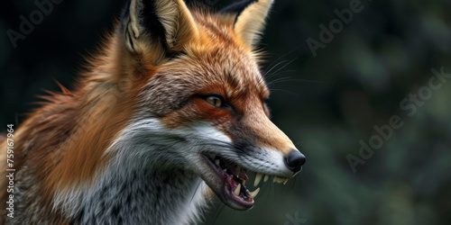 Close-up of a fox on the side on a dark green background