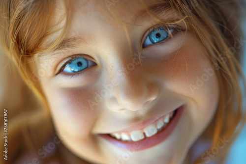 Child face of a red-haired girl with a smile and freckles close-up
